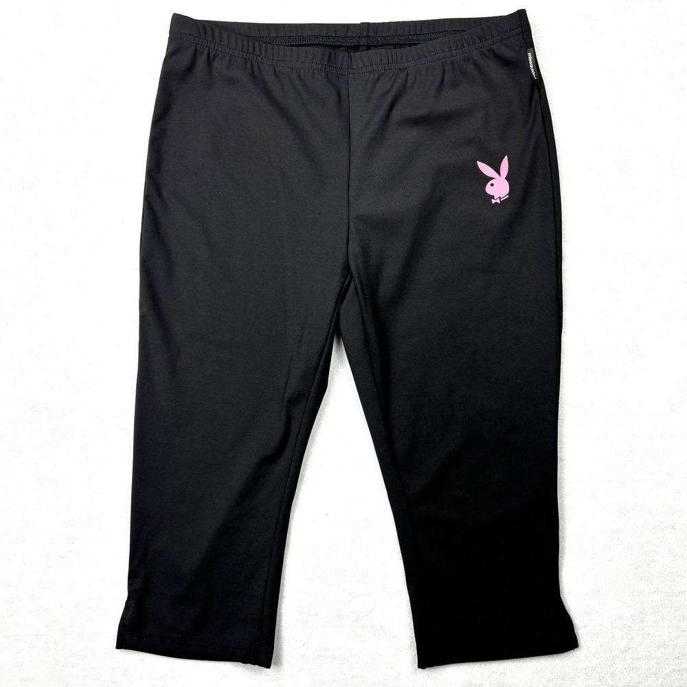 Missguided x Playboy Womens Black Pink Logo Capri Leggings Size M Medium Cropped